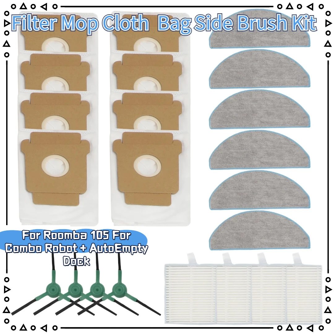 Filter Mop Cloth Bag Side Brush Kit For Roomba 105 For Combo Robot + AutoEmpty Dock Vacuum Cleaner Part Filter Paper