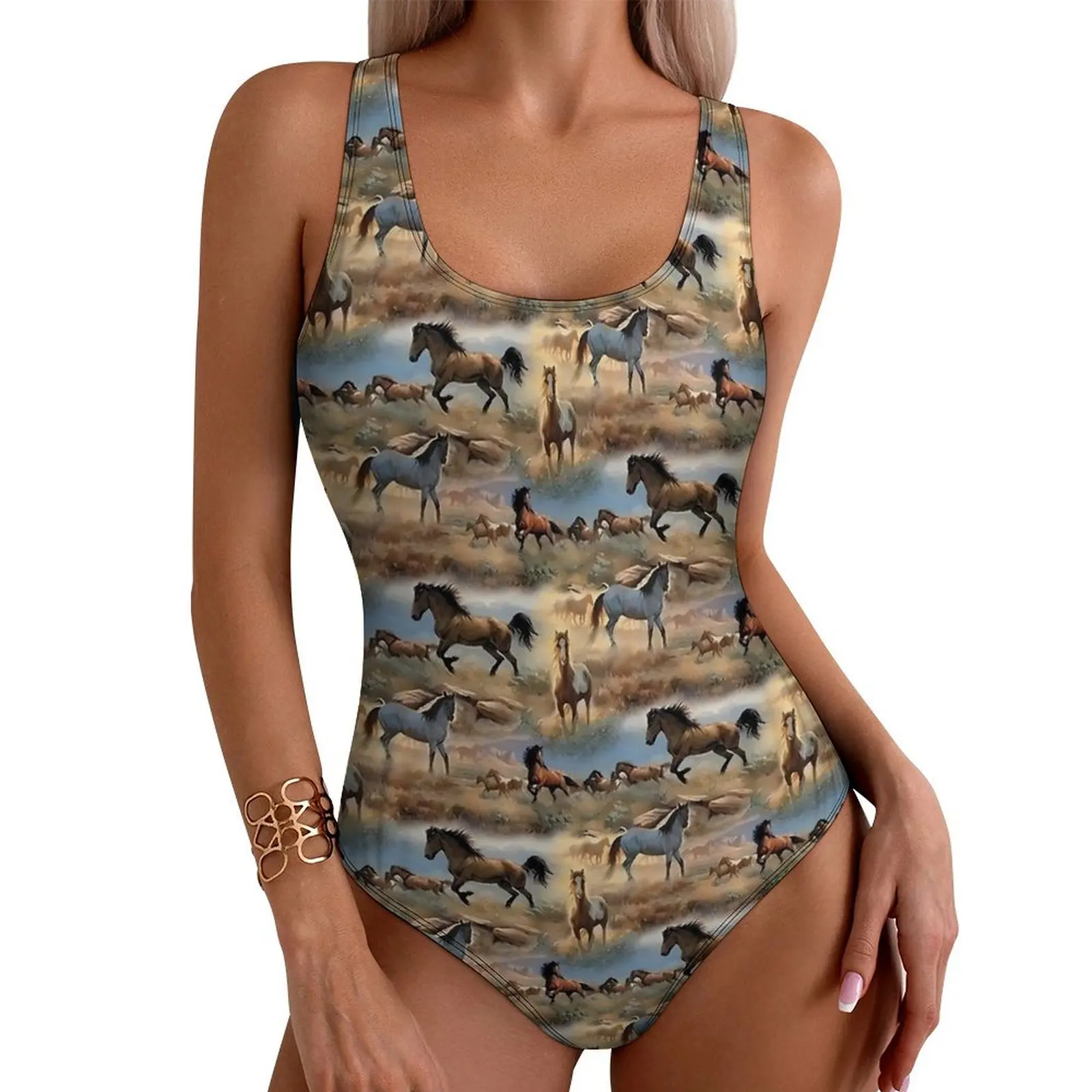 Horse Animal Print Swimsuit  Swimwear One Piece Holiday Rave Graphic Bodysuit Hollow Out Monokini Female Push Up Sexy Beach Wear