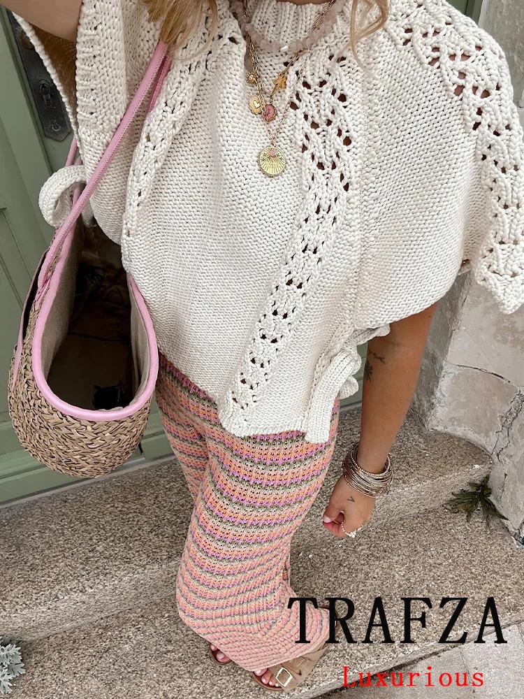 TRAFZA Vintage Casual Women Sweater Solid O-Neck Short Sleeve Hollow Out Knitted Loose Sweater New Fashion 2024 Autumn Sweater