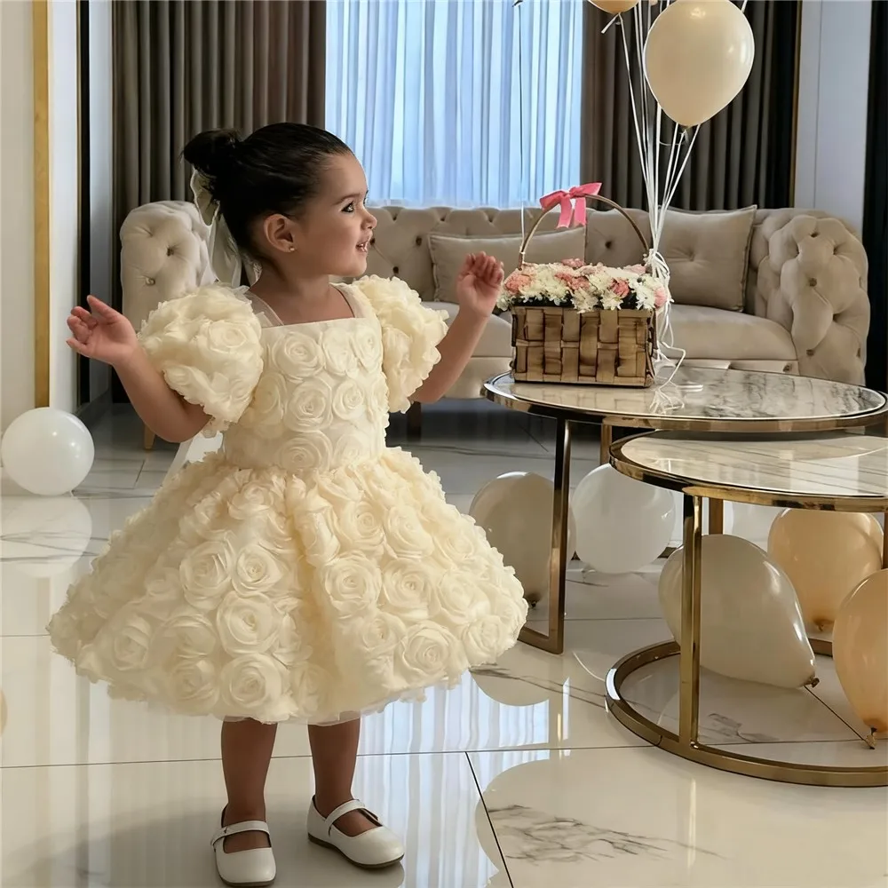 

Cute Baby Flower Girl Dress Bow Flowers Puff Sleeves Birthday Gifts Wedding Dress For Kids First Communion Gown Customized