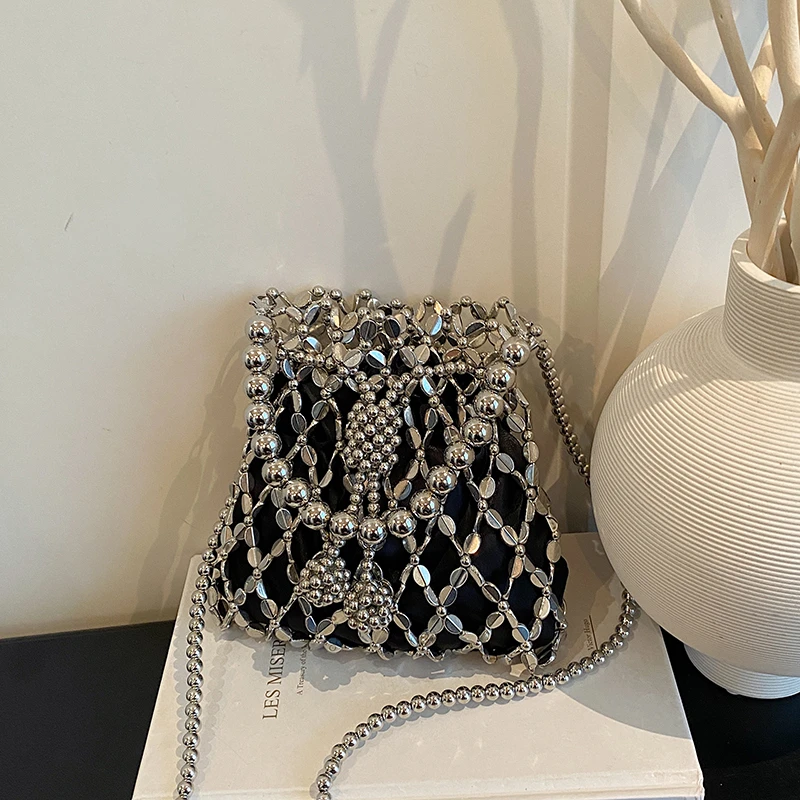 

Sparkling Silver Beaded Bucket Bag Women's Handmade Metal Mesh Crossbody Purse Mini Evening Bag with Chain Strap