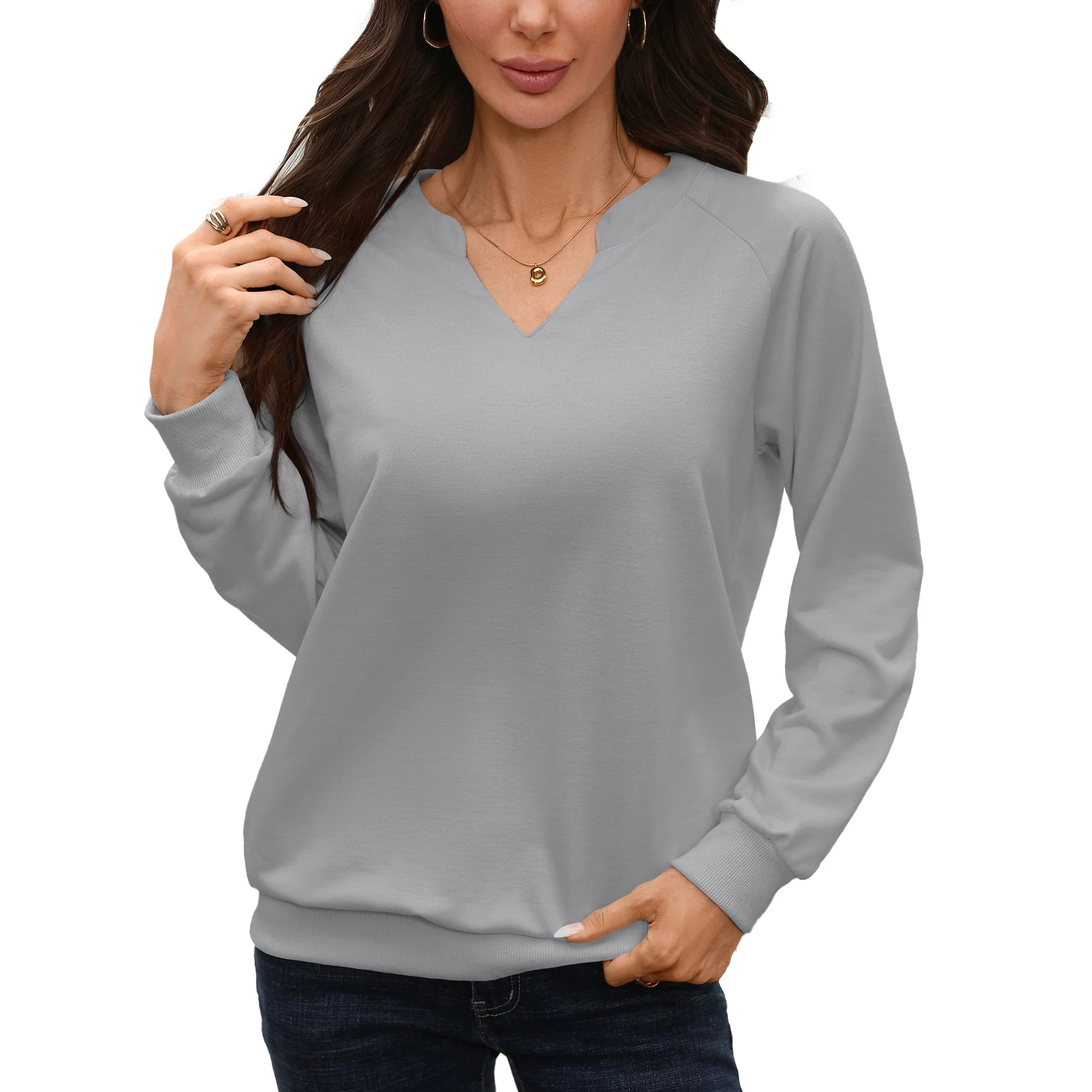Spring Autumn Solid Vertical Ribbed Top Women Notch V Neck Raglan Long Sleeve Loose Versatile Basic Top