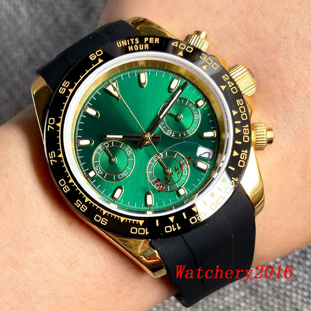 Vk63 Movement 39mm White Green Sterile dial Yellow Gold Case Multi-Function Full Chronograph Quartz Watch For Men Steel Rubber