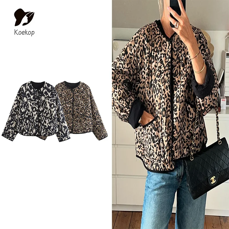 Koekop Women\'s Fashion Animal Print Cotton Jacket Vintage Casual Temperament Chic Ladies Short Jacket Coats