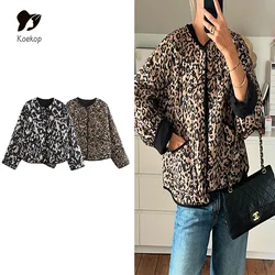 Koekop Women's Fashion Animal Print Cotton Jacket Vintage Casual Temperament Chic Ladies Short Jacket Coats