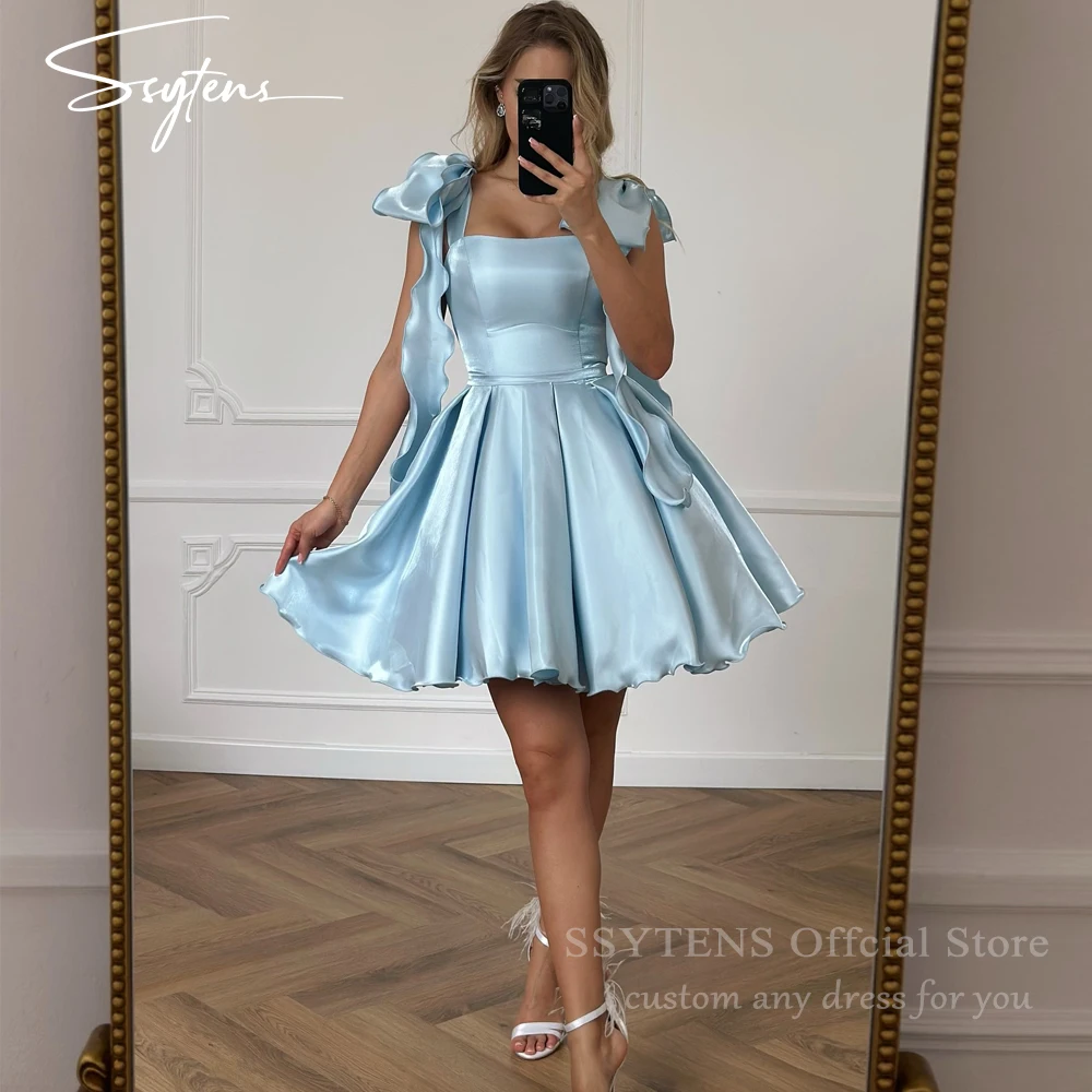 

SSYTENS Blue Satin Prom Dresses Strapless Bow Satraps Short Birthday Dress Woman Sexy Lace Up Back платье на выпус