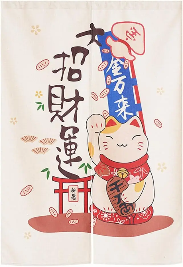 Cute Maneki-neko Art Noren Curtain, Lucky Cat with Torii Gate & Fortune Pattern, Japanese Style Curtain for Bedroom Cafe
