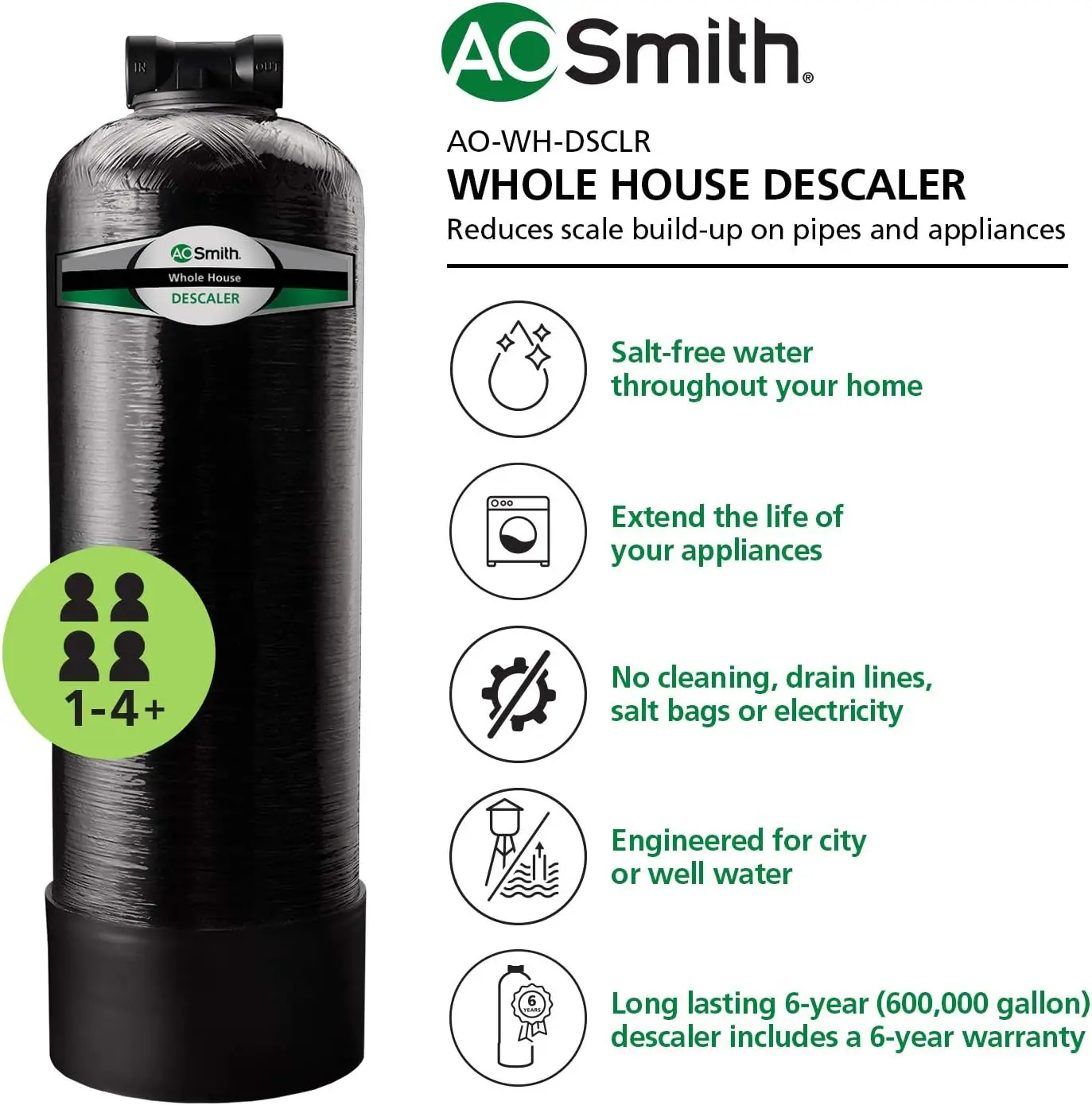 Whole House Salt Free Descaler System - Works with City & Well Water Filters - 6yr, 600,000 Gl - Water Softener Alternative