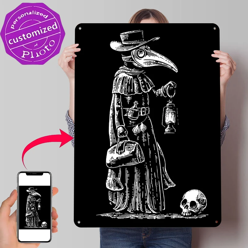 Plague Doctor With Lantern and Skull Tinplate Poster Customized Wall Art Retro Vintage Metal Signs for Fans Room Decor Men Home