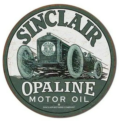 Sinclair Opaline Race Car Motor Oil 12x12 Inch Vintage Retro Round Metal Tin Sign Wall Decor Funny Iron Painting 30cm Diameter