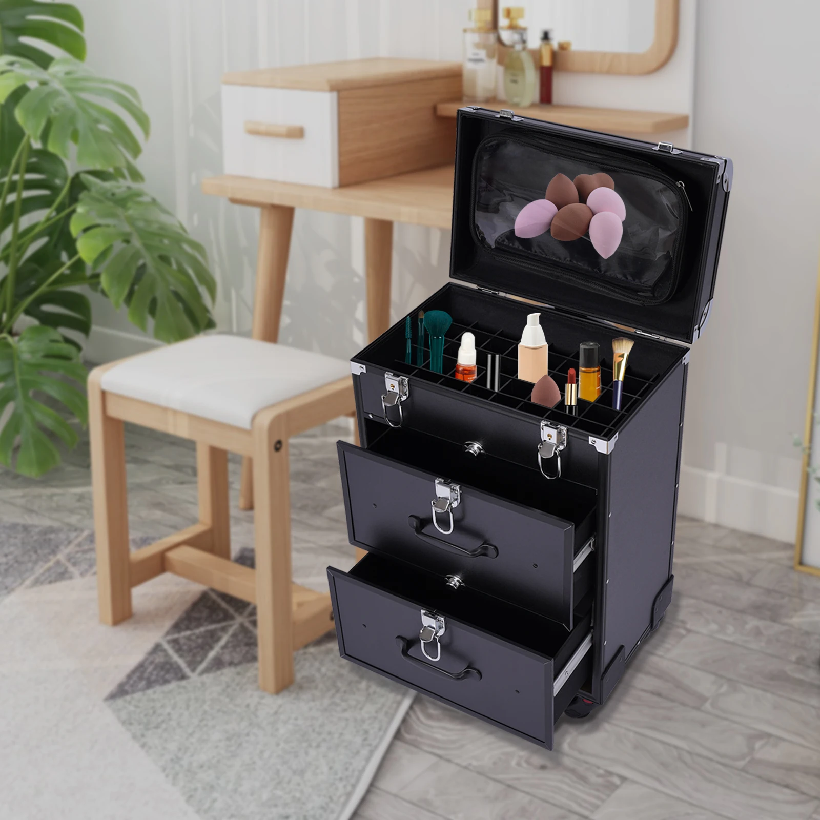 Rolling Makeup Case Large Cosmetic Trolley With Locks Make Up Bag With Dividers Cosmetics Storage Organizer For On The Go Makeup