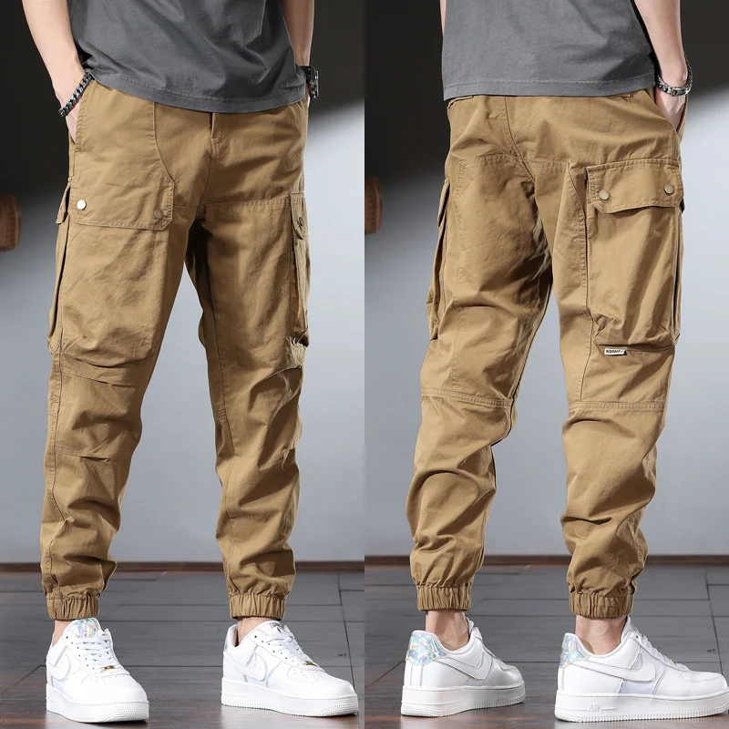 

100% Cotton Men's Cargo Pants Tactical Casual Hip Hop Camel Yellow Baggy Joggers Trousers CP2275