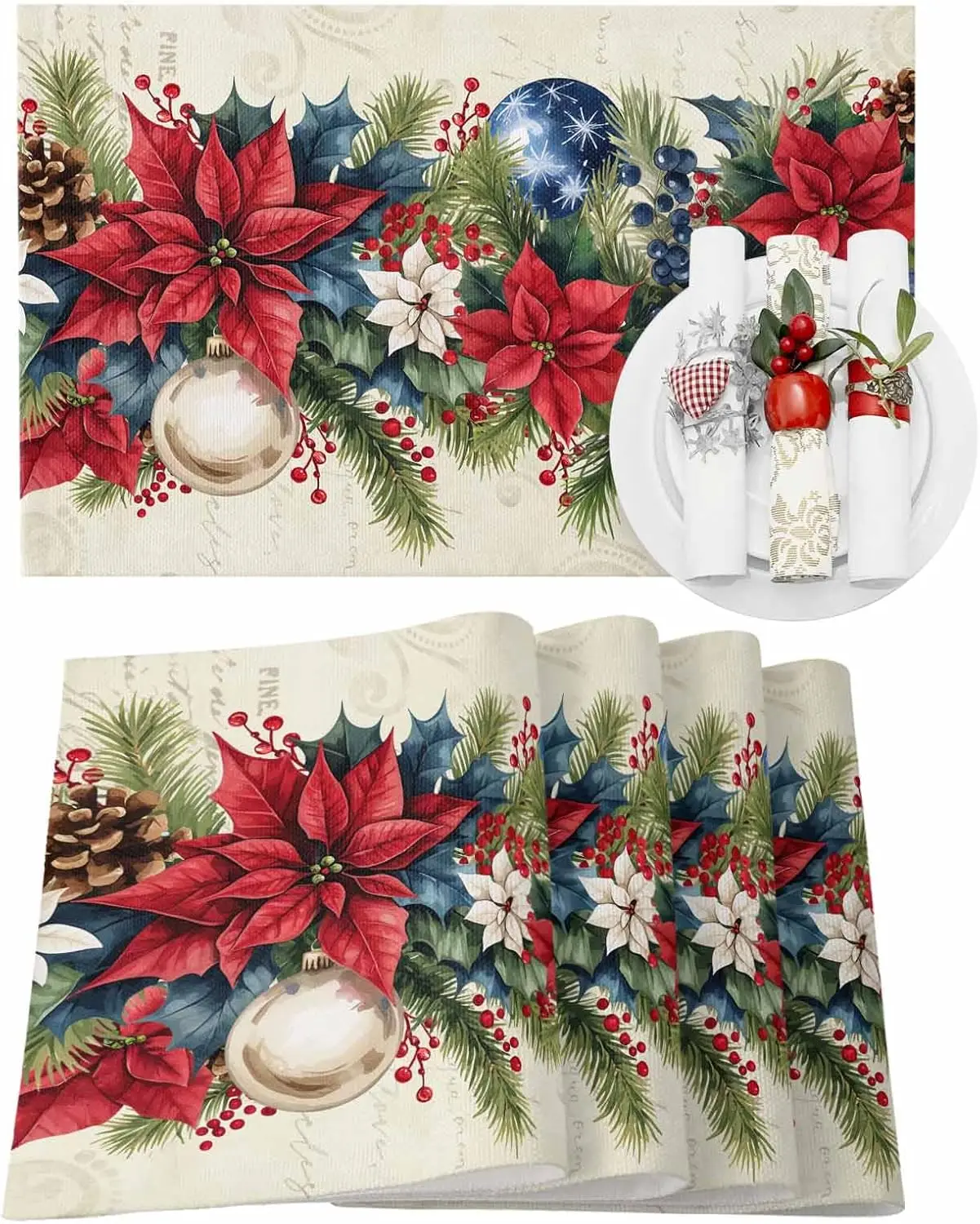 

Christmas Ball Poinsettia Fir Leaves Pinecone Table Mats for Kitchen Dining Decor Reusable Dining Table Mat Christmas Decoration