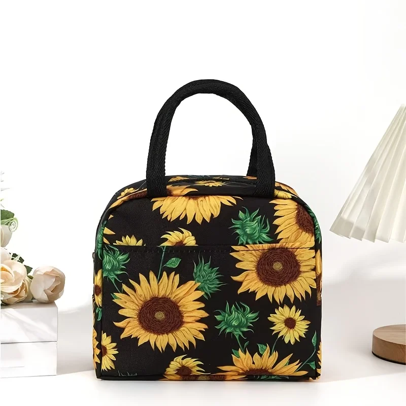 Black Sunflower Insulated Lunch Bag Vintage Yellow Floral Print, Portable Waterproof Thermal Cooler Tote Bag for Work