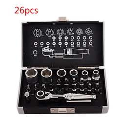 26pcs Mini Ratchet Wrench Socket Bits 1/4'' Spanner Tools for Bicycle Motorcycle Repairing