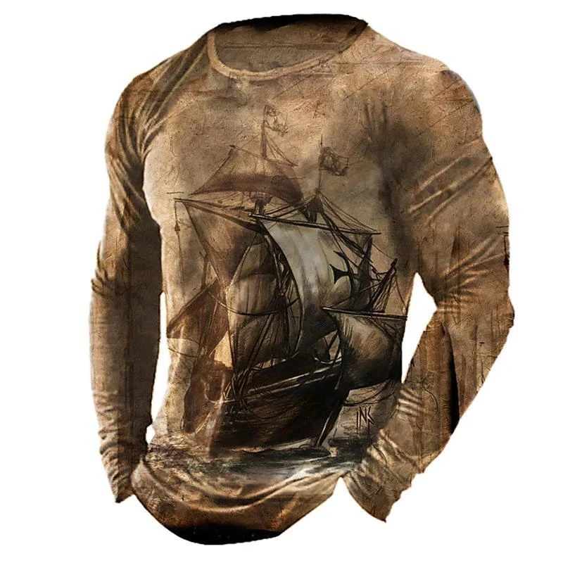 Vintage Compass Sailboat Pattern Long Sleeve T Shirt Fashion Casual O Neck T-shirt Spring Autumn Loose Casual Mens Clothing