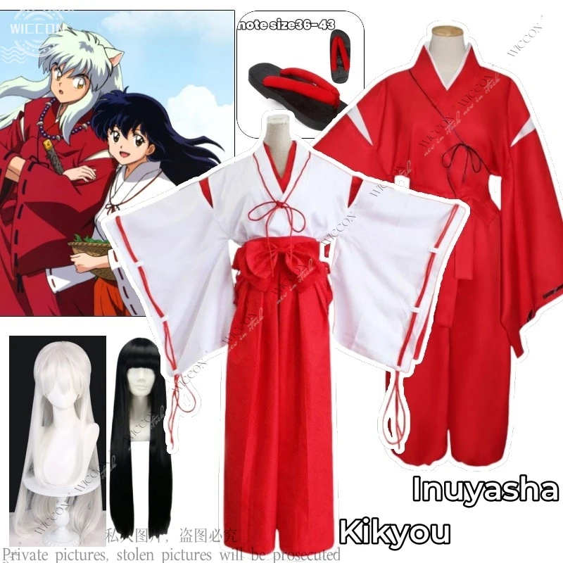 Kikyou Anime Cosplay Traje para Mulheres e Homens, Quimonos, Peruca, Sapatos, Roupas de Halloween, Santuário, Donzela