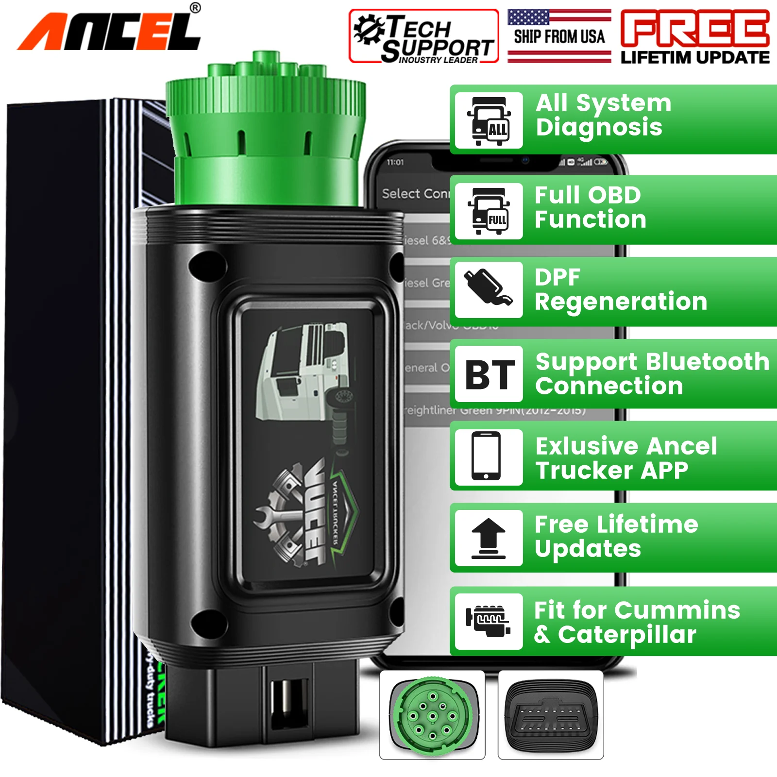 

ANCEL Trucker Series HD100 Heavy Duty Truck Scanner All System Diesel Scanner Diagnostic Scan Tool DPF Regeneration for Cummins