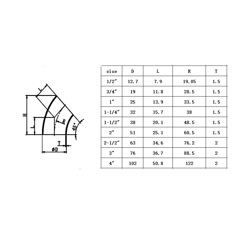 16/19/22/25/28/32/34/38/45/48/51/57/60/63/76/89mm 304 Stainless Steel Sanitary Weld 45 Degree Elbow Pipe Fitting