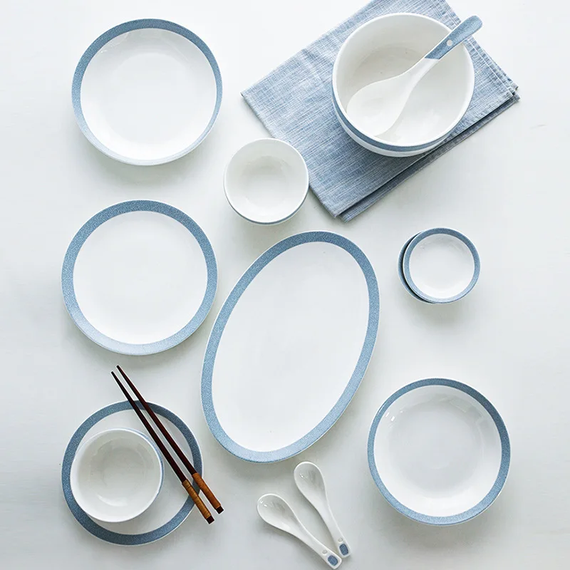 Japanese Style Matte White Ceramic Tableware Set Kitchen Snow Blue Rimmed Rice Bowl Steak Plate Soup Spoon Festival Home Dish