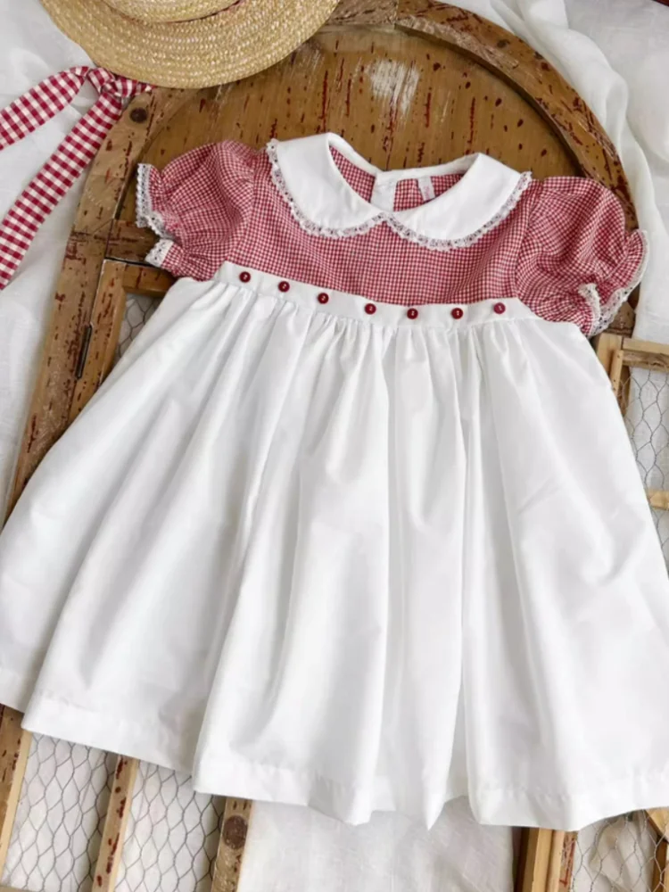 Boutique Sweet Vintage Handmade Smocking Girl Cute Short-sleeved Dress Princess Girls Dress Up quality girl clothes