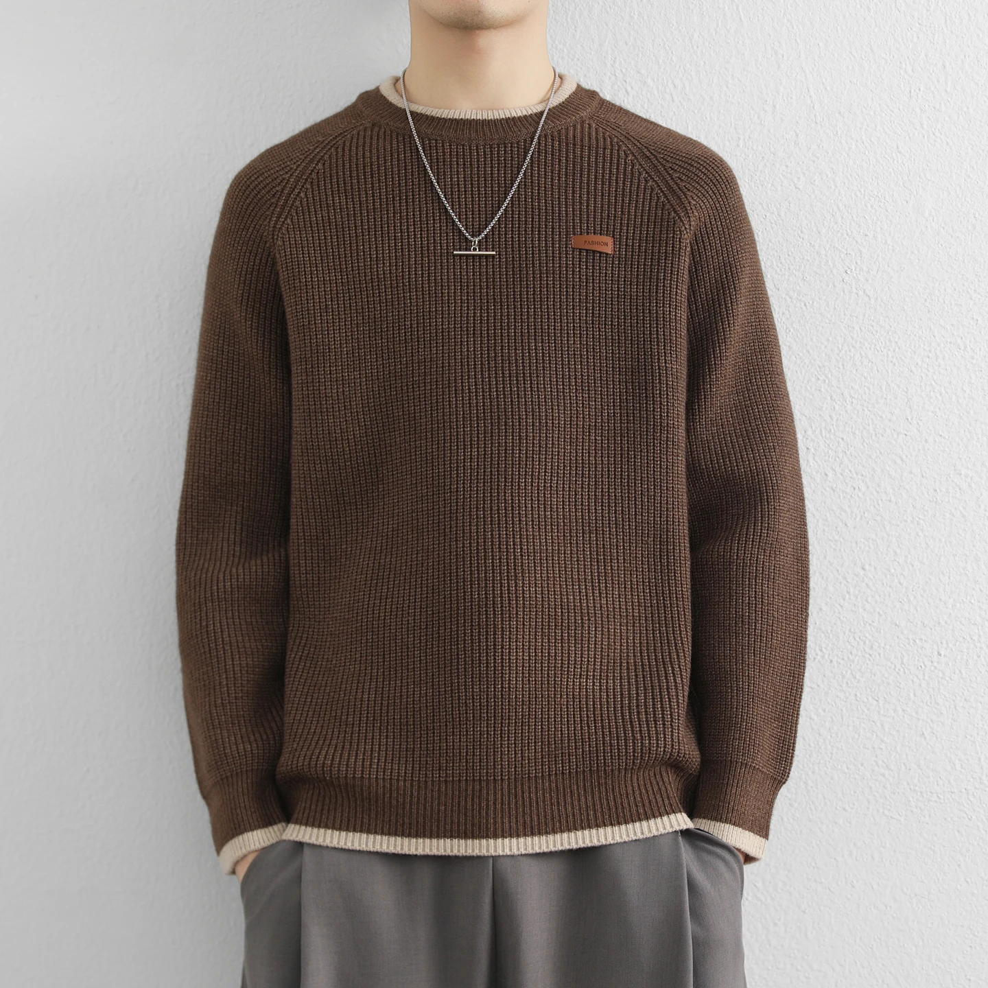 

Мужской вязаный утепленный свитер с круглым вырезом, в стиле колор-блок, зимний, повседневный, удобный, мягкий, из смесового полиэстера