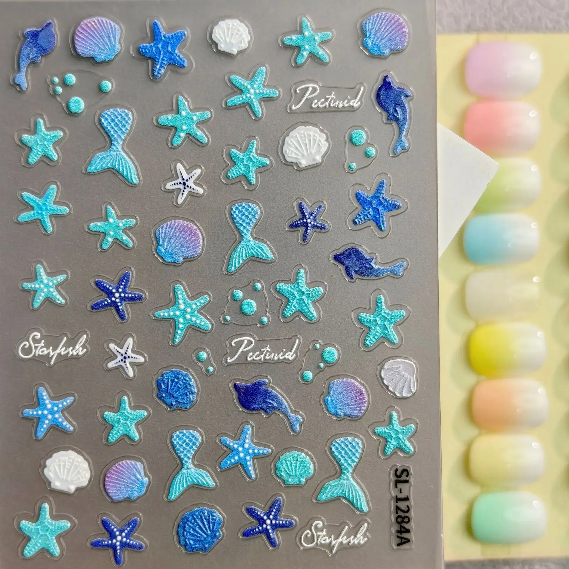 1 Set 5D Embossed Ocean Nail Stickers Gradient Starfish Shell Dolphin Fish Tail Self Adhesive DIY Nail Art Decor Ornaments