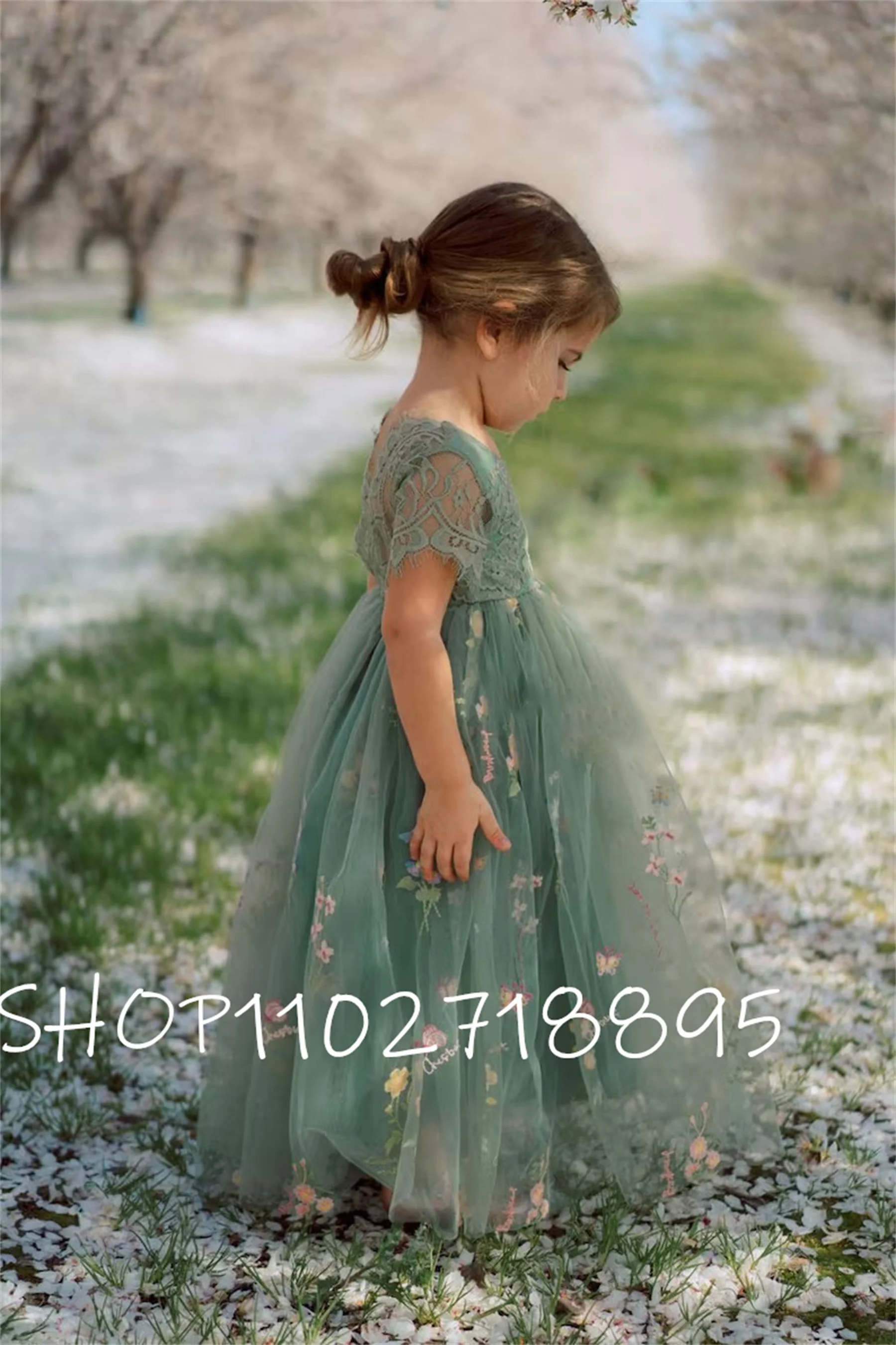 Sage Green Floral Embroidered Tulle Flower Girl Dress With Short Sleeves Girls Party Ball Gown Baby Toddler Tulle Birthday Dress