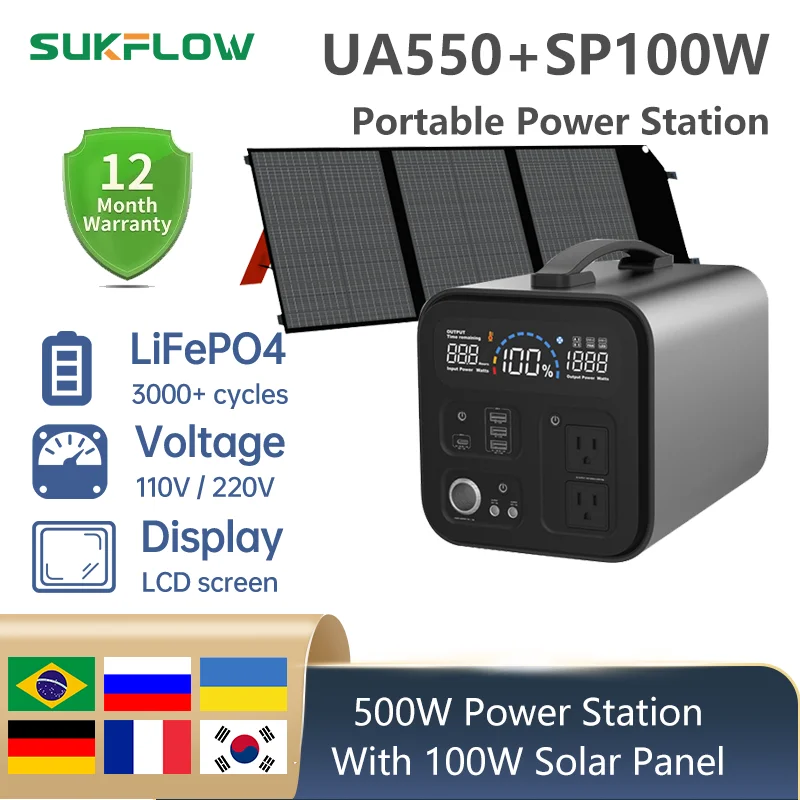 

500W Fishing Camping Emergency Lifepo4 Battery generador solar portatil and 100W 200W 400W panel solar