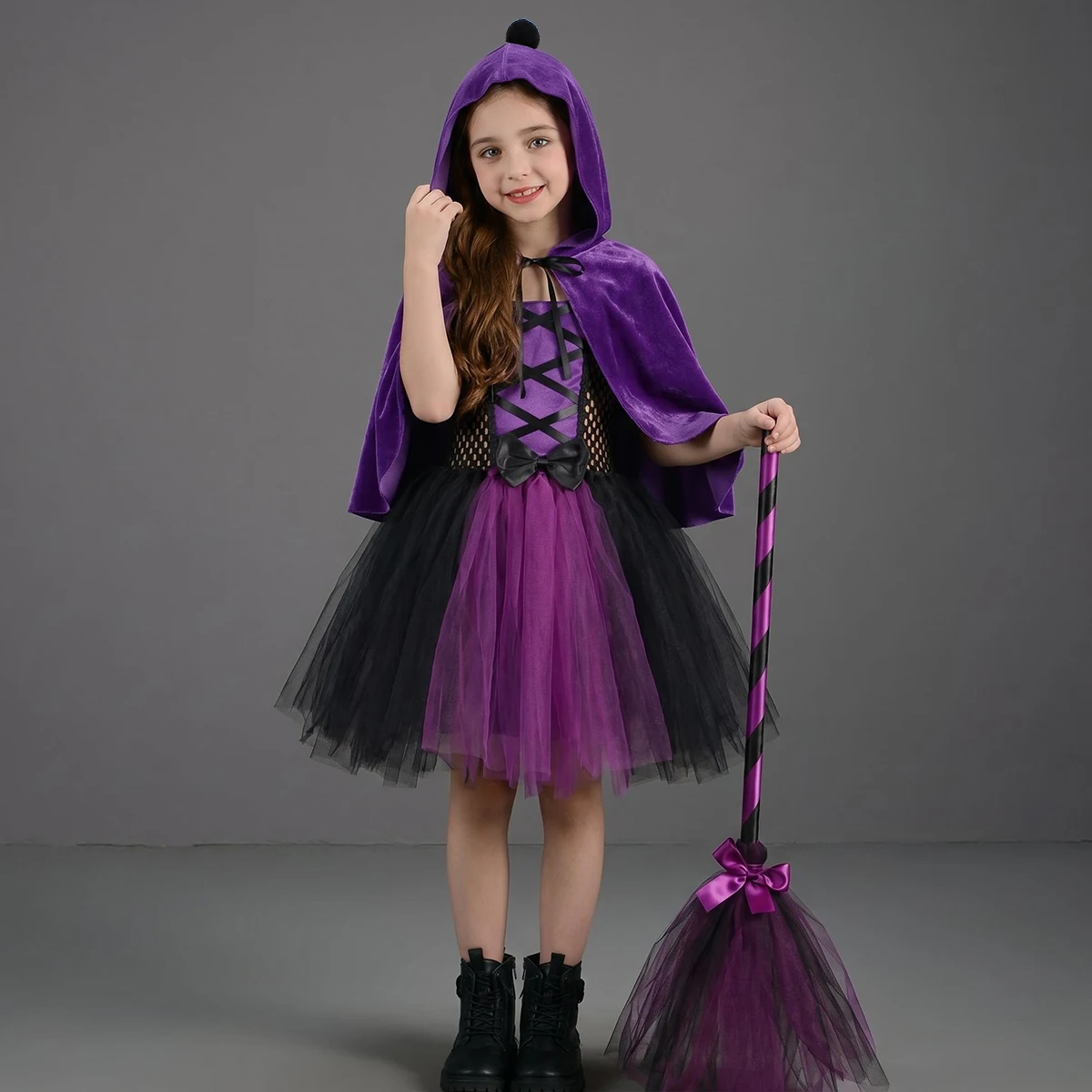 Children Orange Purple Fancy Fairytale Witch Costume Kids Polka Dots Witch Tutu Dress with Cape Broom Halloween Dress up Clothes