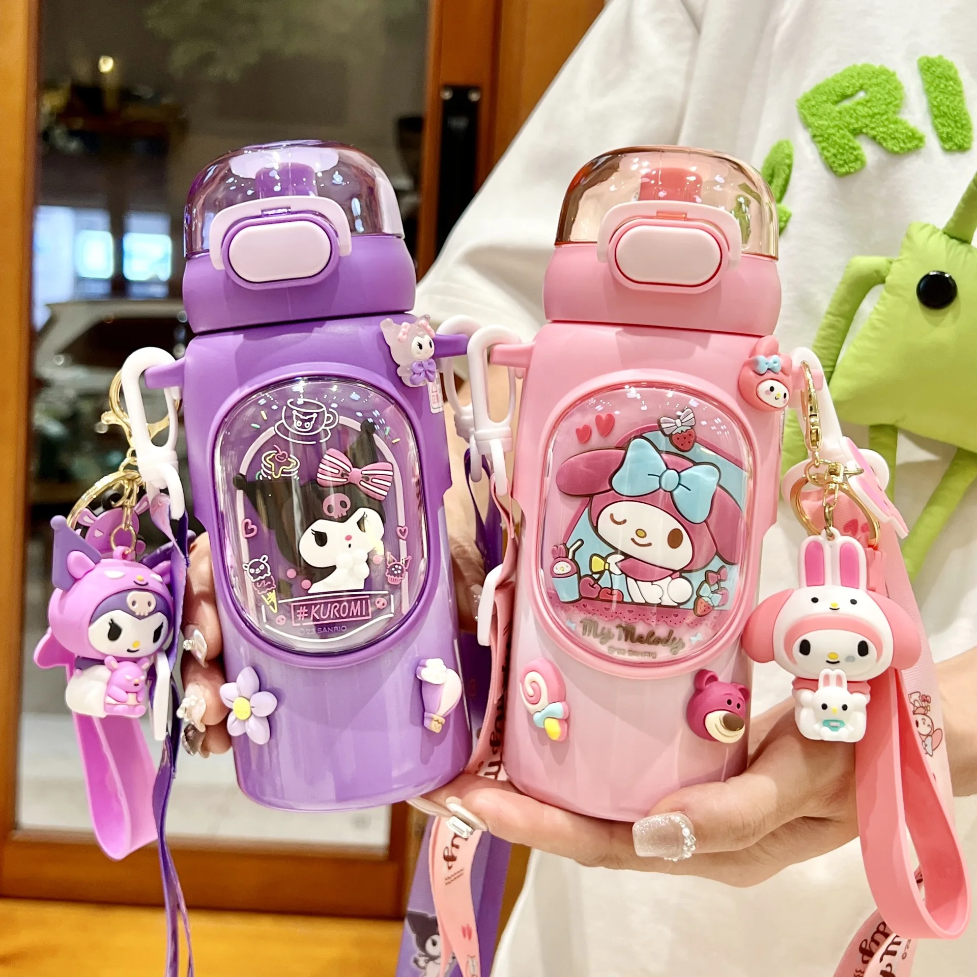 Girl Straw Kettle Crossbody Stainless Steel 460ml Sanrio Cinnamoroll Children Thermos Bottle Primary School Student Water Cup