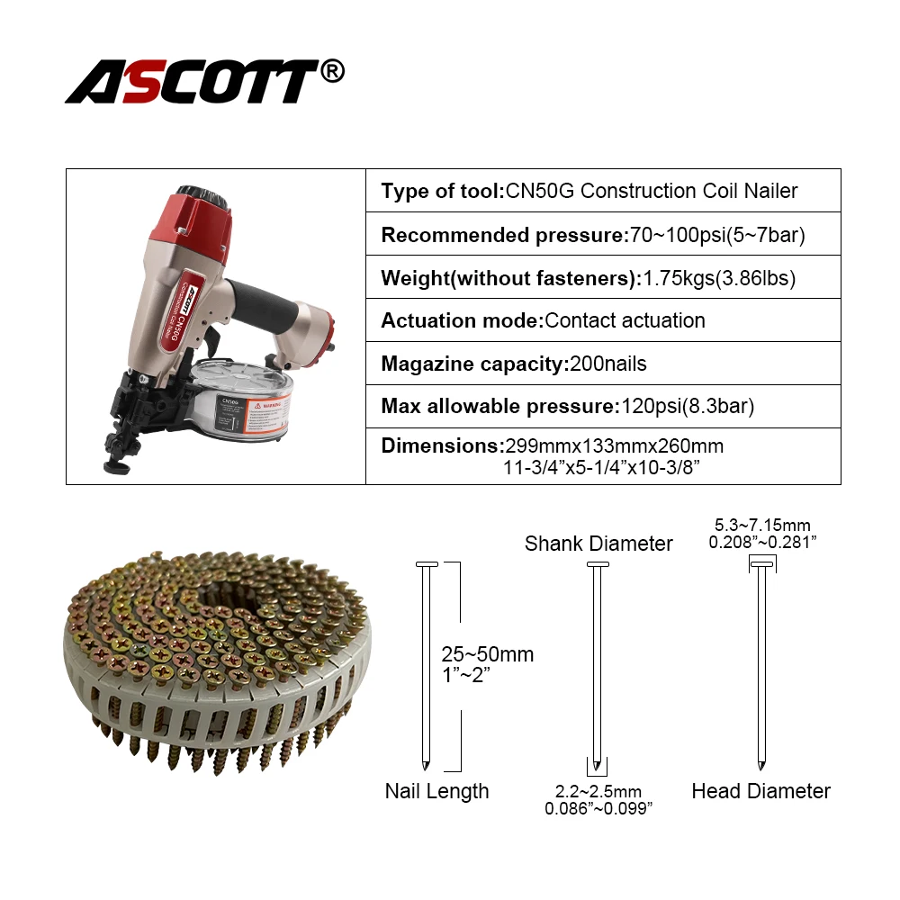 Pneumatic Coil Nailer CN50G Air Nail Gun Accept 25mm-50mm 15° Flat Plastic Sheet Collated Coil Nails for Industrial and Woodwork