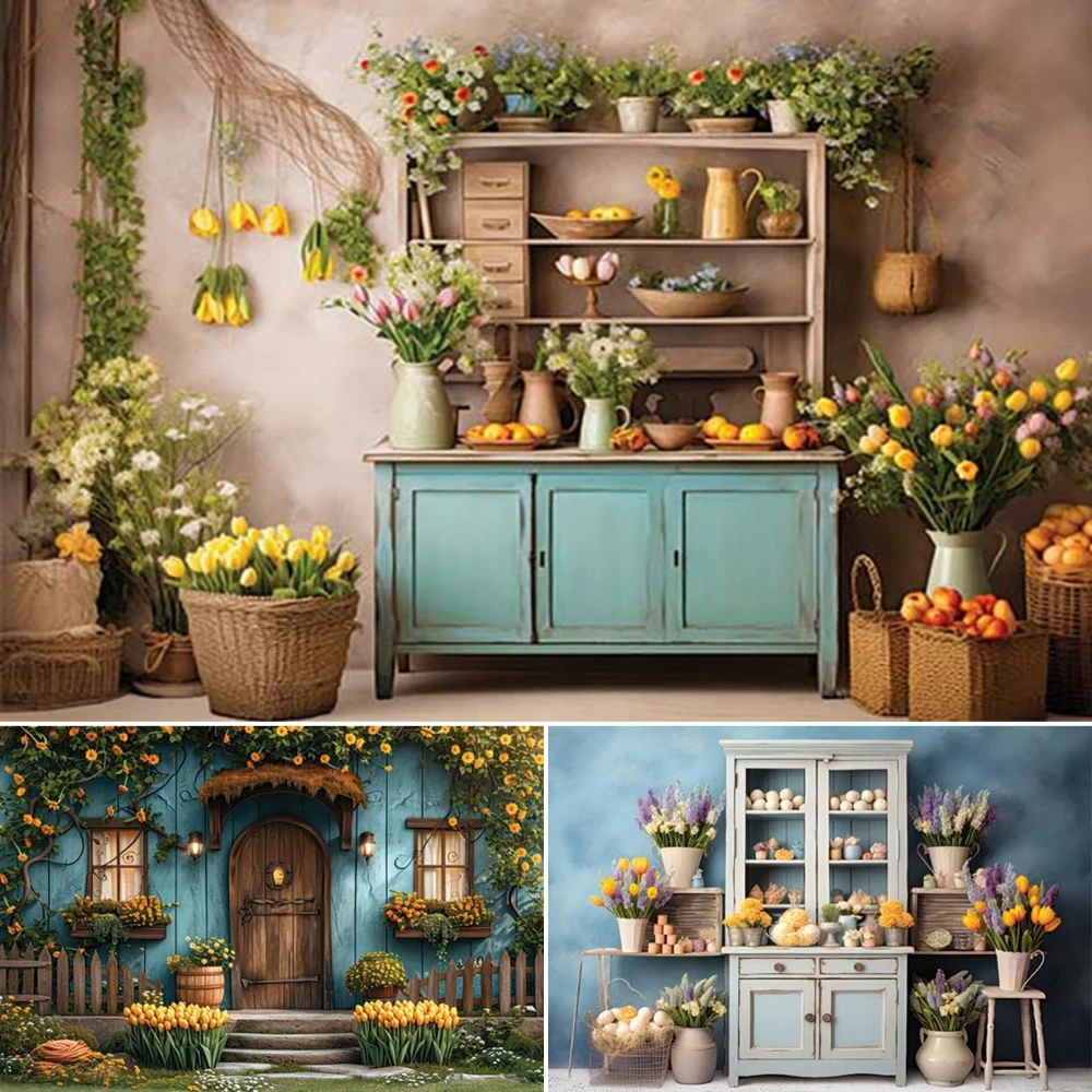 

Spring Easter Photography Background Spring Wooden House Flowers Children Birthday Party Portrait Decor Backdrop Photo Studio