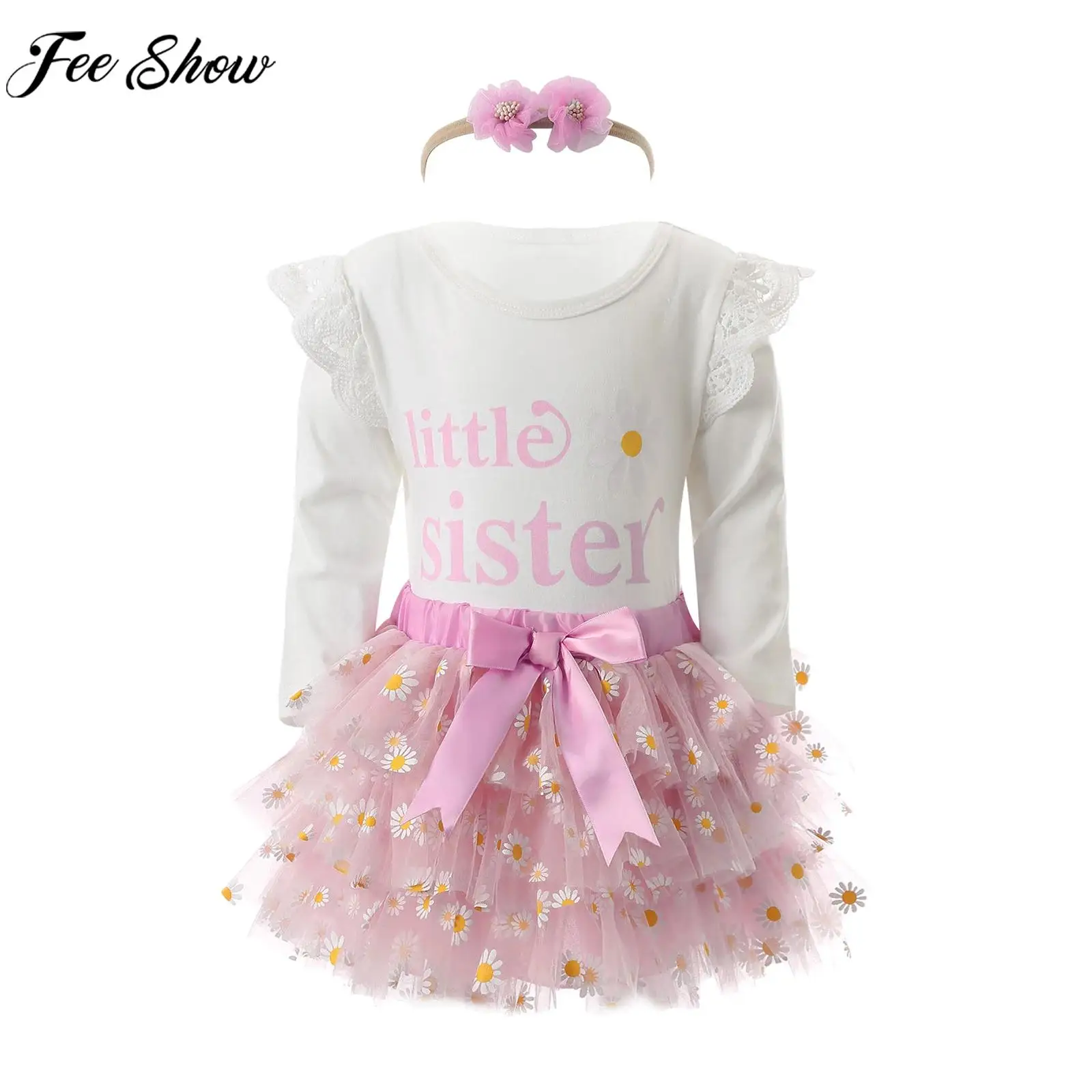 Baby Girls Cute Outfit Spring Autumn Long Sleeve Cotton Romper with Tiered Tutu Skirt Headband Birthday Party Daily Costume