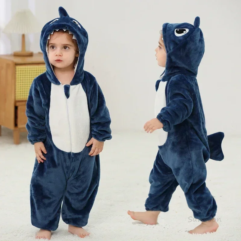 Tiger Fox Shark Animal Cartoon Unicorn Kigurumi Pajamas Infant Newborn Baby Boys Clothes Bebe Rompers Hooded Jumpsuits Overalls