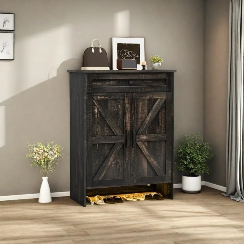 

6-Tier Shoe Cabinet with Doors & Drawer – Adjustable Shelves, Built-in Induction Strip for Hallway, Living Room(Rustic Oak)