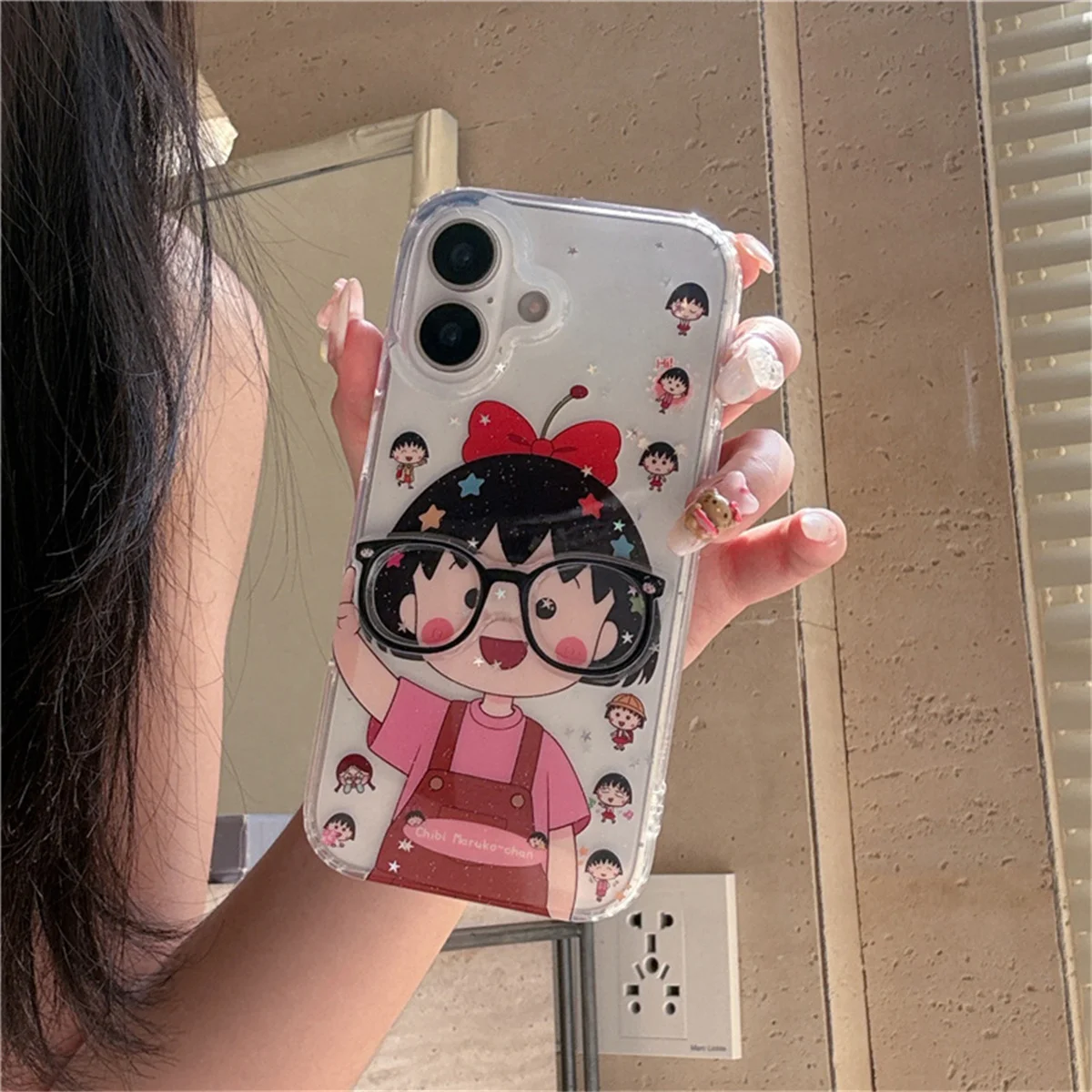 

Japanese Cartoon Glasses Girl Phone Case For iPhone 16 Pro 15 14 13 Pro Max Back Cover Glitter Cute Protective Cases Capa
