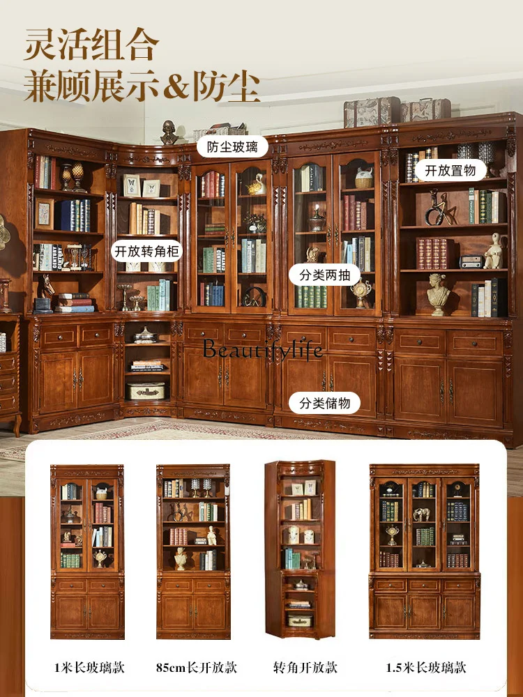 American Bookcase with Glass Door European-Style Solid Wood Retro Bookcase Floor-Standing Rack Combination Clothes Closet