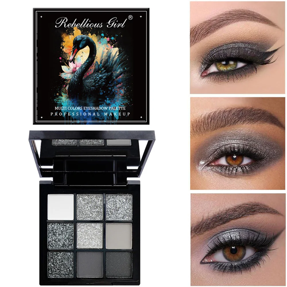 Paleta de sombras de ojos ahumadas de 9 tonos, gris oscuro, mate blanco-gris, tonos brillantes, acabado natural suave, maquillaje de festival, mate perla