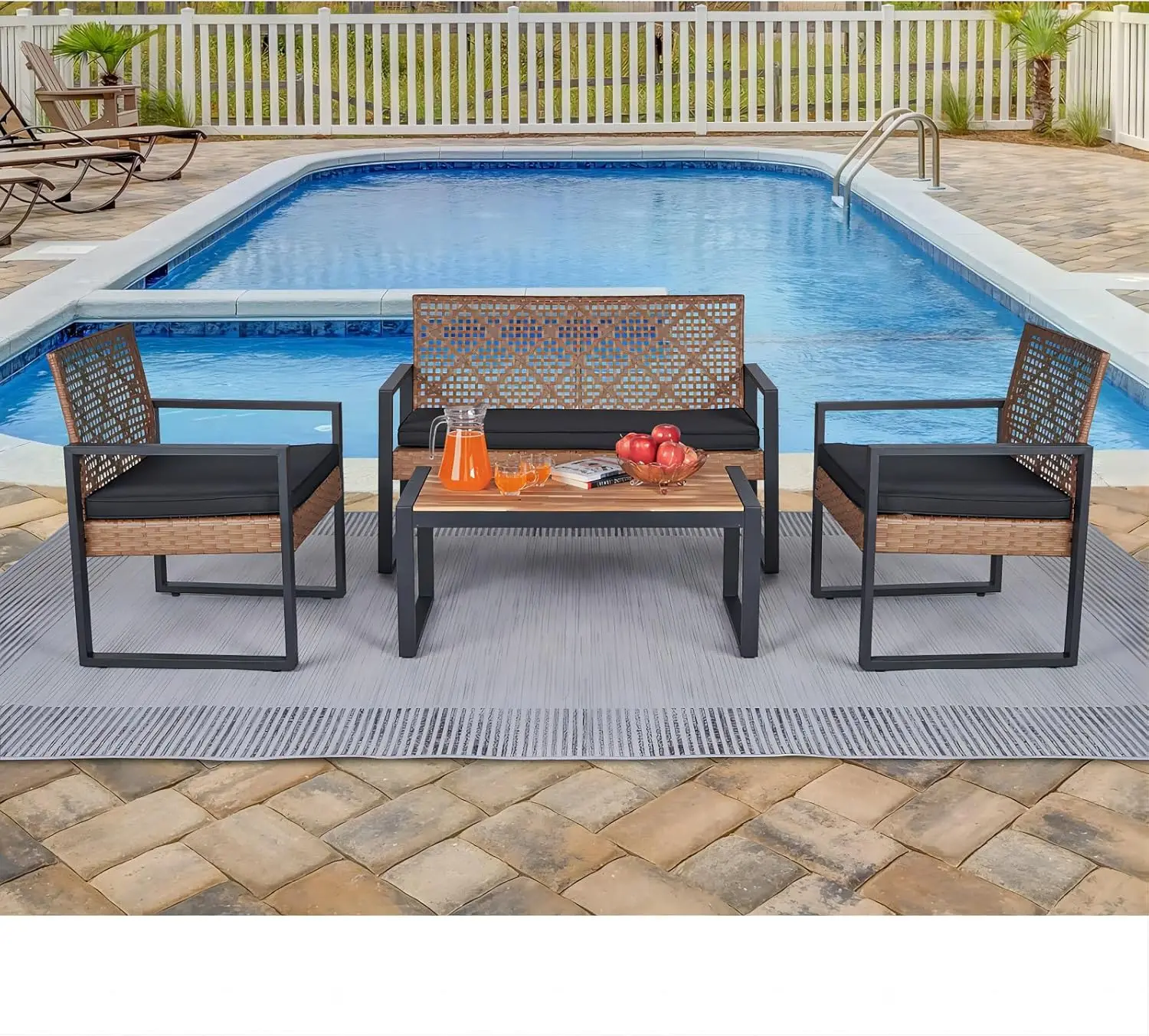 

Комплект садовой мебели, уличный стол и стулья, 4-предметный комплект плетеной мебели для патио с деревянным столом из акации, регулируемый