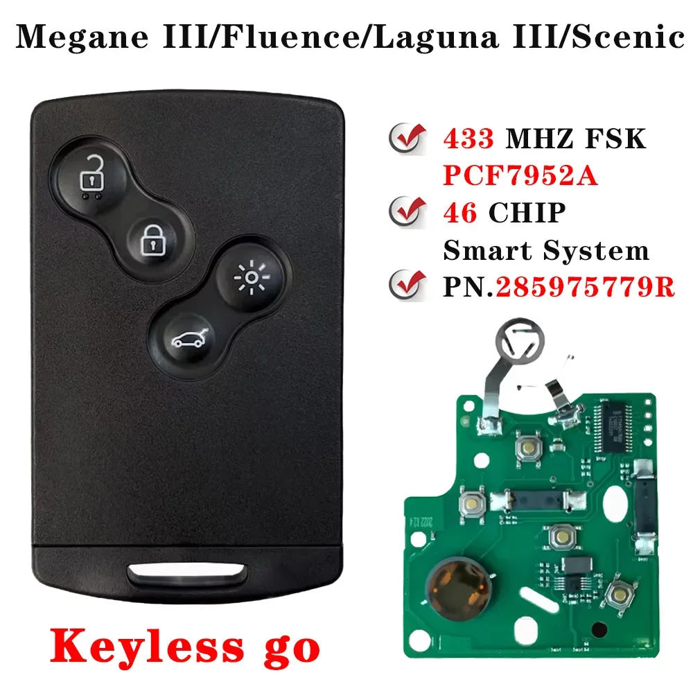 For 2009 - 2015 Renault Latitude Megane III Fluence Laguna III Scenic Hands Free 285975779R Keyless Smart Car Key 433MHz