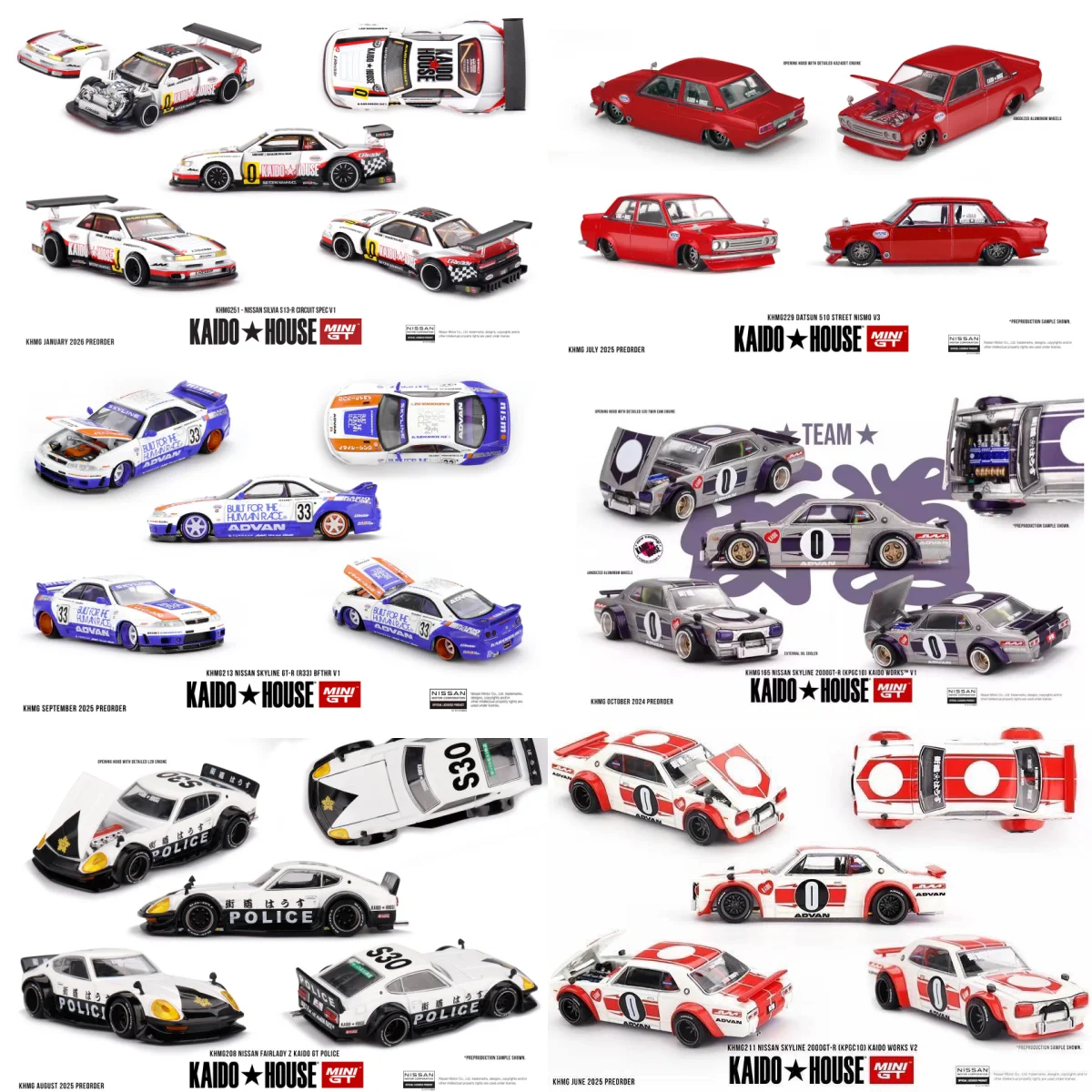 Kaido House + MINIGT Silvia S13-RNissan Circuit Spec V1 Skyline 2000 GT-R Datsun 510 Street Edition Nismo V3 Alloy Car Model