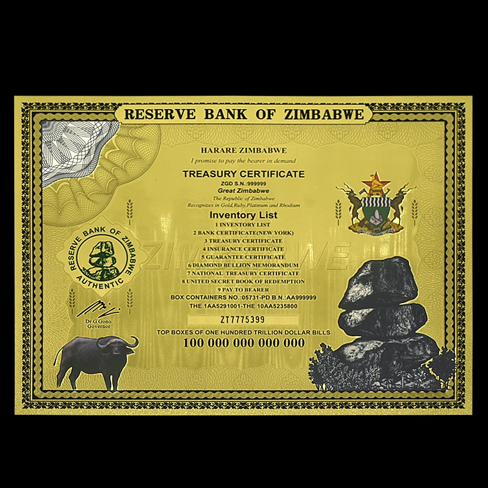 Zimbabwe Certificate Banknotes One Hundred Trillion Dollars Bills Continuous Serial Number Coding Collect Gift