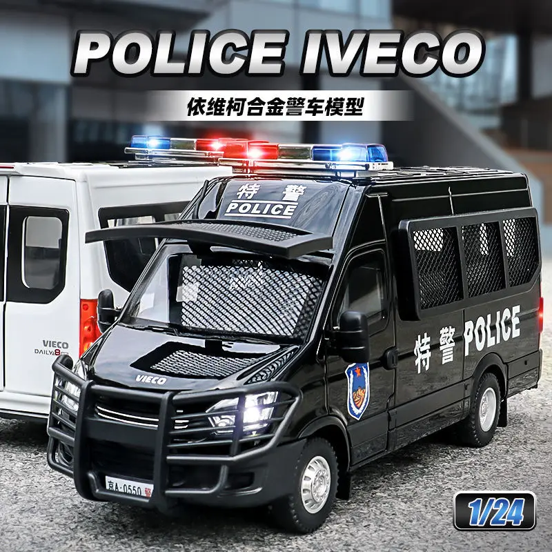 1:24 IVECO Politieauto Hoge Simulatie Diecast Metaallegering Model auto Geluid Licht Trek Collectie Kinderen Speelgoed Geschenken