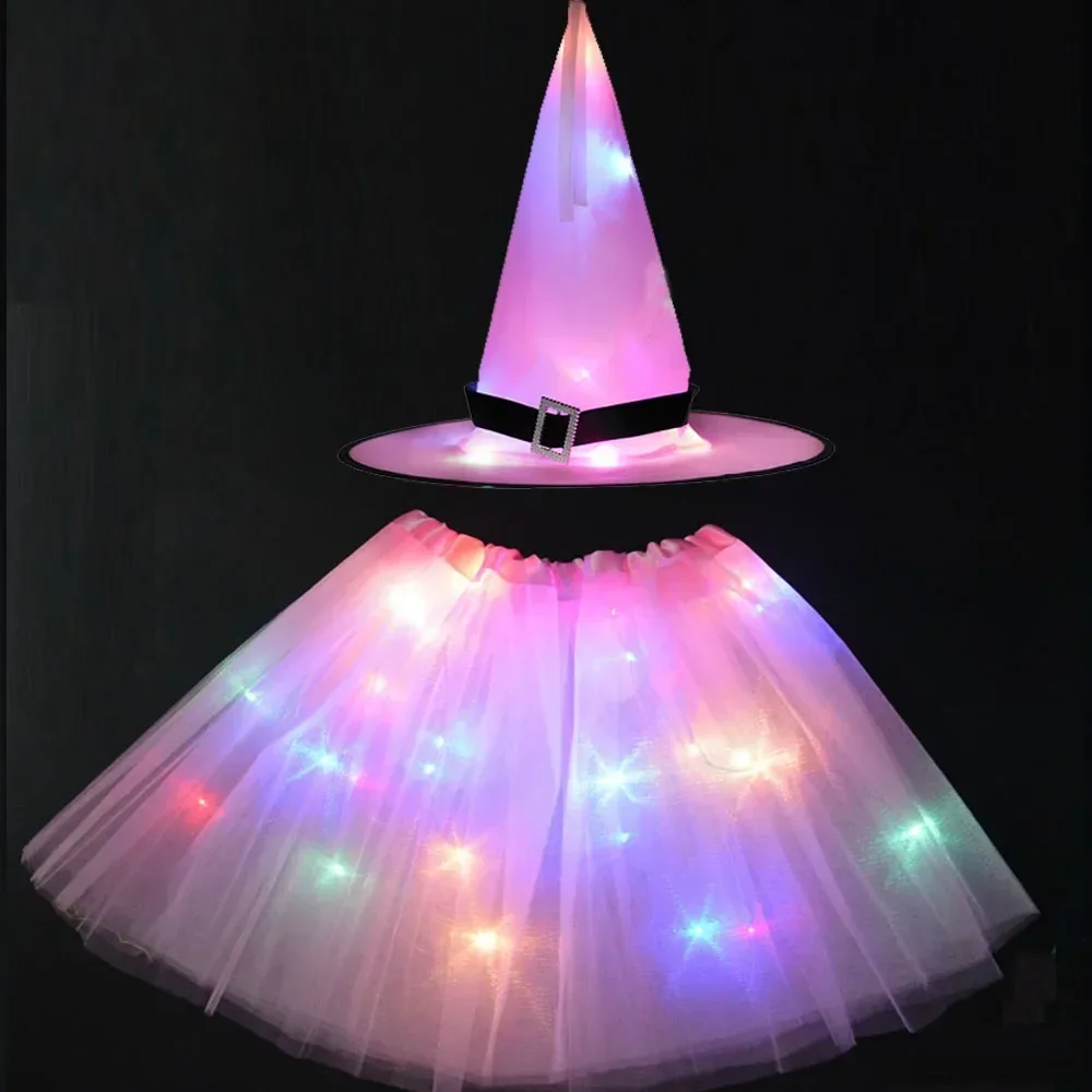 Party Light Up Kids Adult Witch Cosplay Costume Wizard Pumpkin Hat Tutu Skirt Halloween Christmas Festival Black Pink Red Green