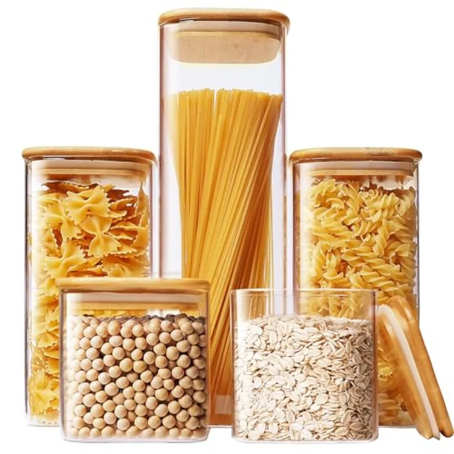 

Square Glass Jars with Bamboo Lids [Muti Size Set of 5], Glass Canisters with Airtight Lids, Glass Food Storage Containers for