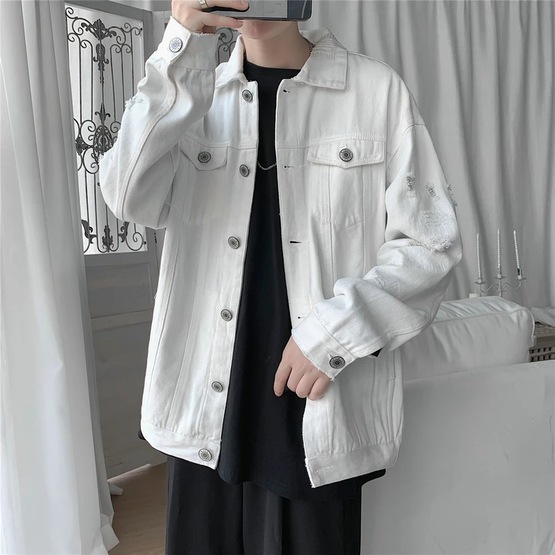

Nice New Autumn Men's Jeans Jackets Slim Fit Cotton Denim Jacket Red White Black Ripped Hole Jean Coats Mens Outwear Plus Size M