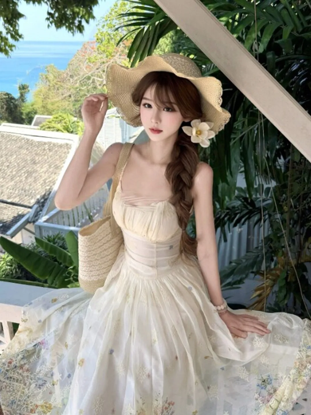 

Gentle Wind Beautiful Slimming Strap Dress Unique Fairy Long Dress Summer Cotton High Waist Shoulder Bared Women's Dress
