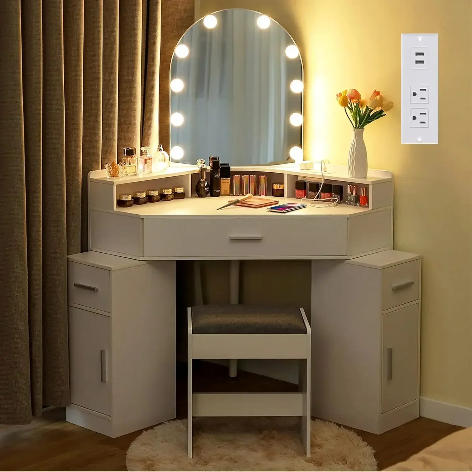 usikey Corner Vanity Desk with Mirror and Lights, Makeup Vanity Table with Charging Station, 3 Drawers & Retractable Side.