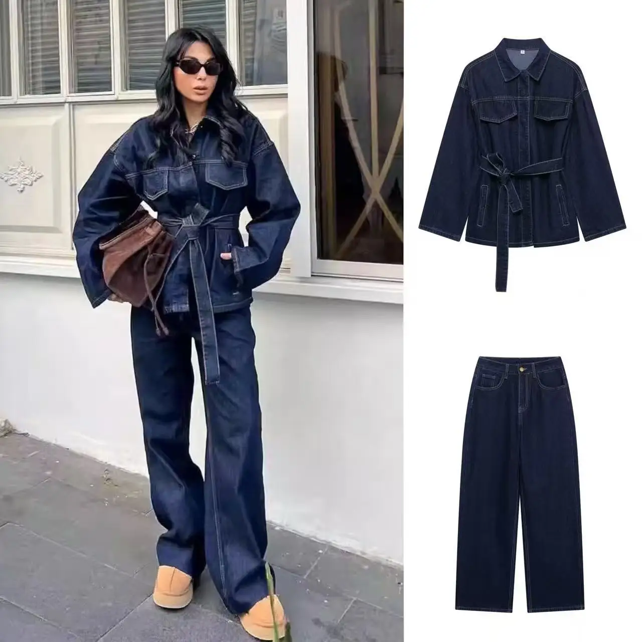 Conjunto de calças de duas peças moda feminina jaqueta de renda vintage único breasted lapela denim casaco na moda casual calças de perna reta